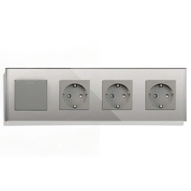 Купить Выключатель с розеткой, 1 клавиша 3 розетки, 4 поста (M1+3F) рамка стекло 299х86мм цвет серый в интернет-магазине Mvava.ru