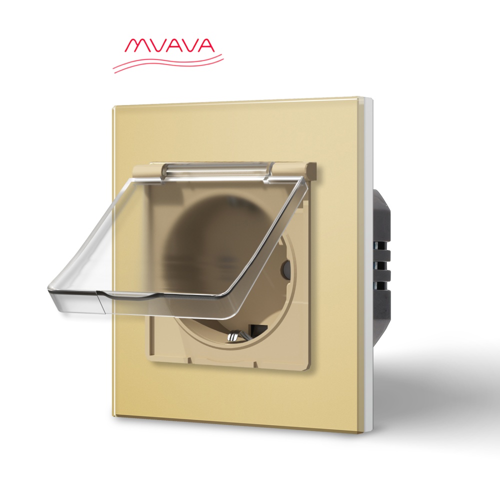 Купить Розетка влагозащищенная с крышкой, 1 пост, рамка 86х86мм стекло, цвет золотой в интернет-магазине Mvava.ru