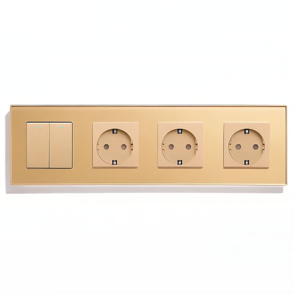 Купить Выключатель с розеткой, 2 клавиши 3 розетки, 4 поста (M2+3F) рамка стекло 299х86мм цвет золотой в интернет-магазине Mvava.ru