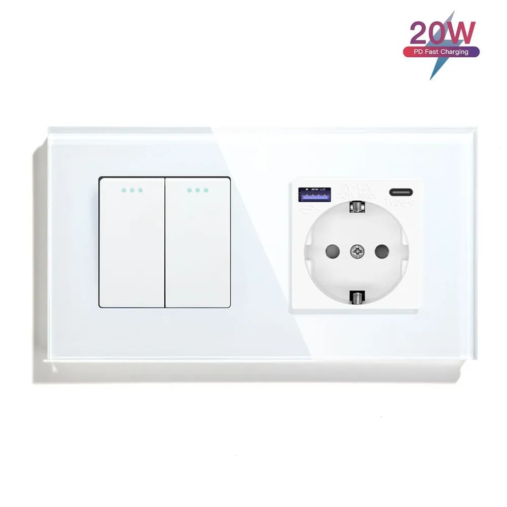 Купить Выключатель с розеткой USB и type-C, 2 клавиши 1 розетка быстрая зарядка 20w, 2 поста (М2+1F) рамка  в интернет-магазине Mvava.ru