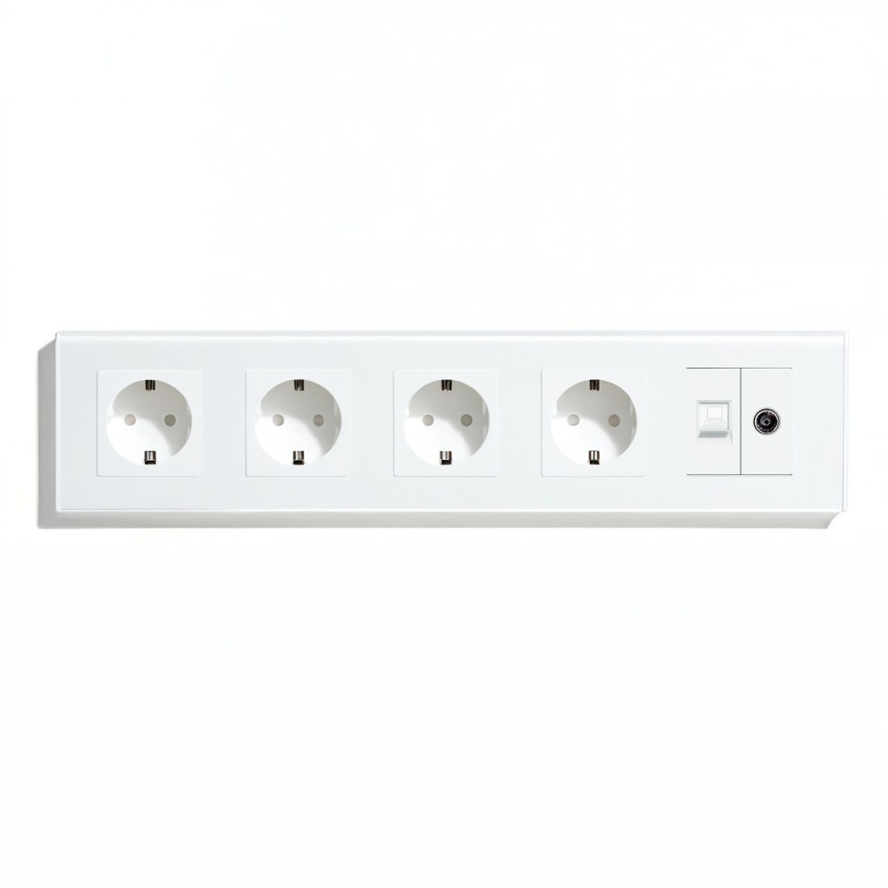 Купить Розетка 5 постов с интернет/тв, CAT5e/TV, рамка 370х86мм стекло, цвет белый в интернет-магазине Mvava.ru