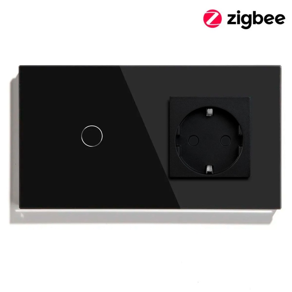 Купить Сенсорный выключатель ZigBee MVAVA 1кл. 1 розетка, 2 поста (1G+1EU) стекло 157х86мм цвет черный в интернет-магазине Mvava.ru