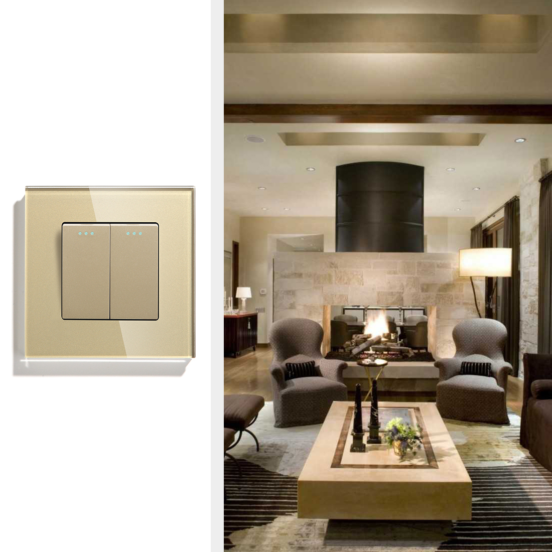 Купить Выключатель проходной, 2 клавиши, рамка 86х86мм стекло, цвет золотой в интернет-магазине Mvava.ru