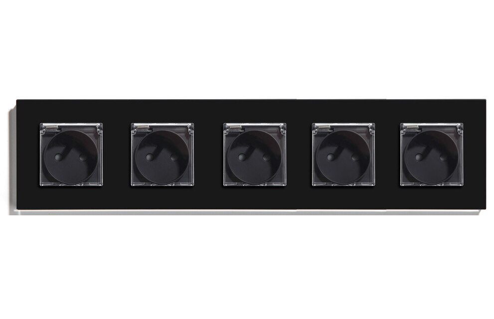 Купить Розетка c крышкой, IP44 5 постов 16А, рамка 370х86мм пластик, цвет черный в интернет-магазине Mvava.ru