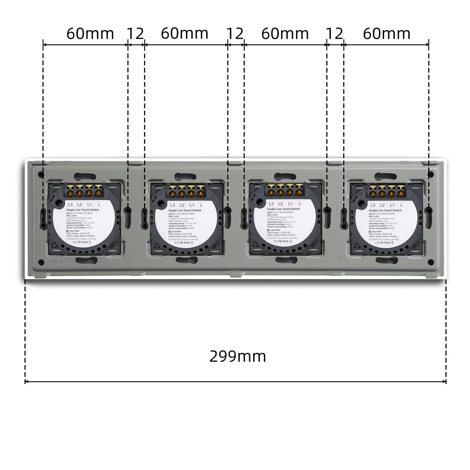 Купить Сенсорный выключатель 8 клавиш, 4 поста (2G+2G+2G+2G) стекло 299х86мм цвет серый в интернет-магазине Mvava.ru