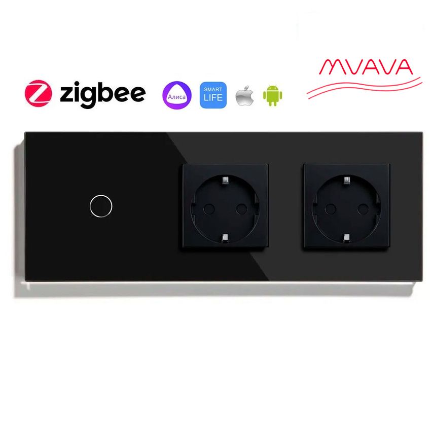 Купить Сенсорный выключатель ZigBee MVAVA 1кл. 2 розетки, 3 поста (1G+2EU) стекло 228х86мм цвет черный в интернет-магазине Mvava.ru