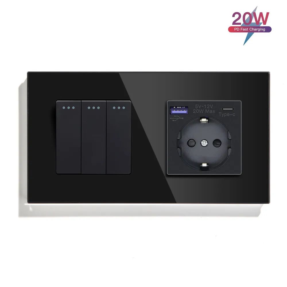 Купить Выключатель с розеткой USB и type-C, 3 клавиши 1 розетка быстрая зарядка 20w, 2 поста (М3+1F) рамка  в интернет-магазине Mvava.ru