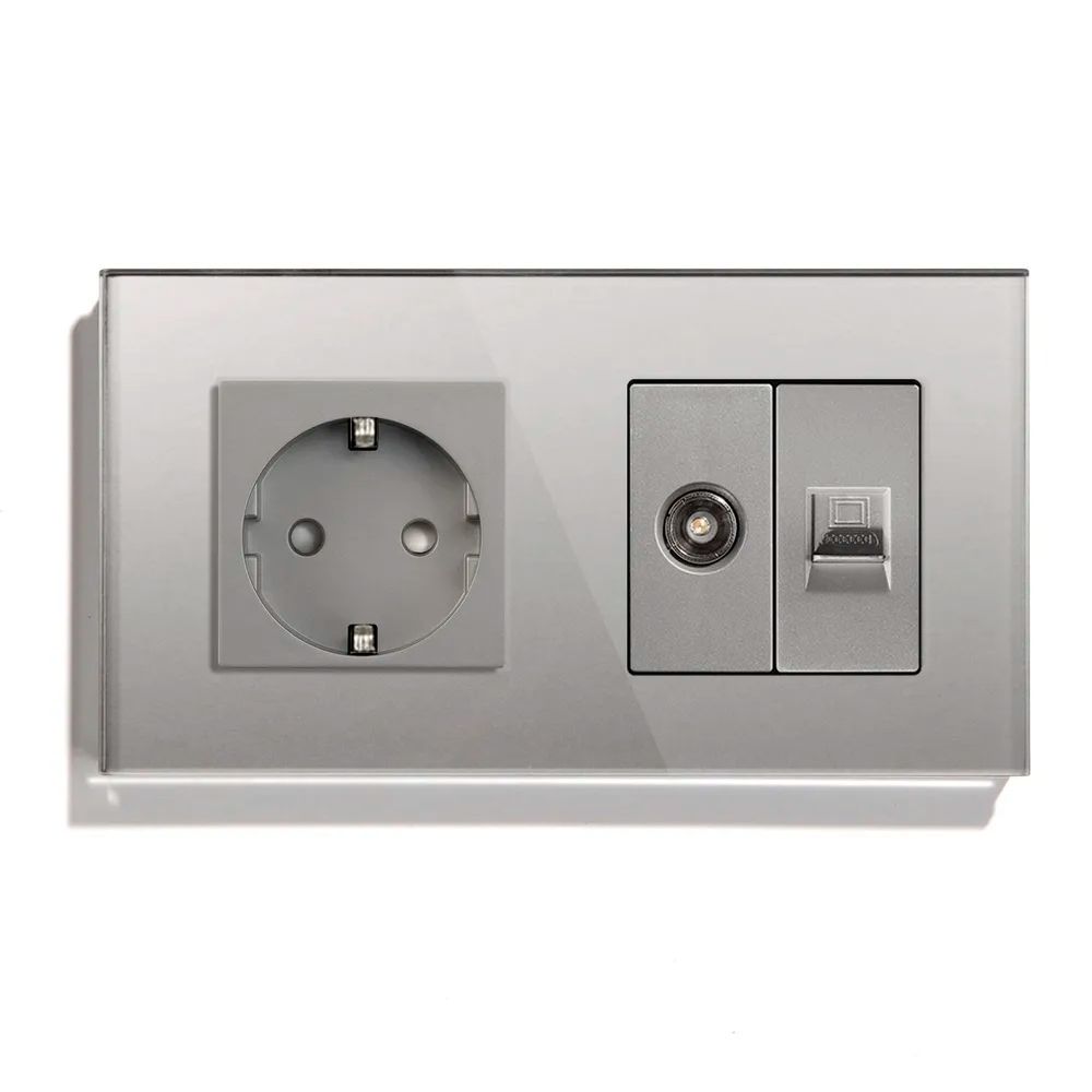 Купить Розетка 2 поста с интернет/тв, CAT5e/TV, рамка 157х86мм стекло, цвет серый в интернет-магазине Mvava.ru