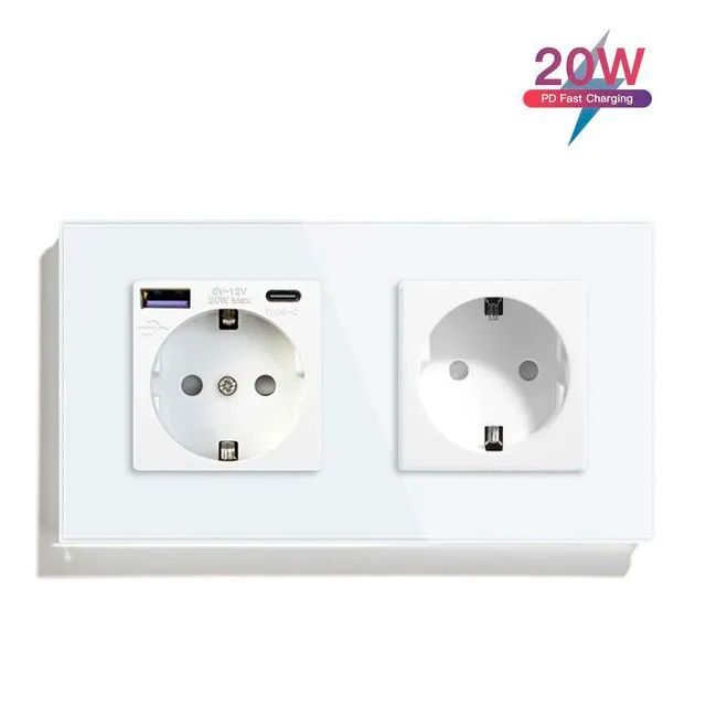 Купить Розетка электрическая 2 поста EU/AC, быстрая зарядка 20W, стекло 157х86 мм, цвет белый в интернет-магазине Mvava.ru
