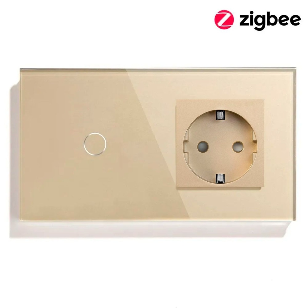 Купить Сенсорный выключатель ZigBee MVAVA 1кл. 1 розетка, 2 поста (1G+1EU) стекло 157х86мм цвет золотой в интернет-магазине Mvava.ru