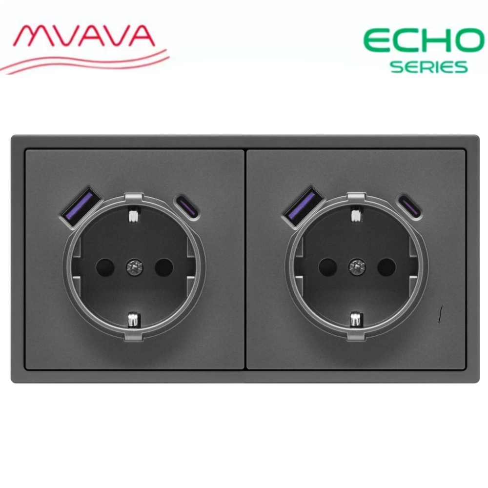 Розетка электрическая echo 2 поста с Usb/Type-C АC, быстрая зарядка 20W, цвет серый MVAVA