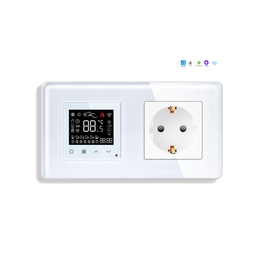 Купить Сенсорный Wi-Fi терморегулятор/термостат, с розеткой EU, рамка 157х86мм стекло 2.5D, цвет белый в интернет-магазине Mvava.ru
