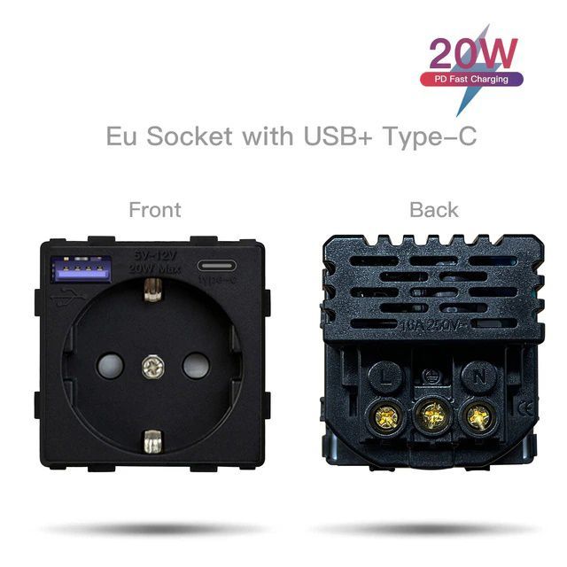 Купить Механизм розетки (без рамки) с Usb/Type-C АC, быстрая зарядка 20Вт, цвет черный в интернет-магазине Mvava.ru