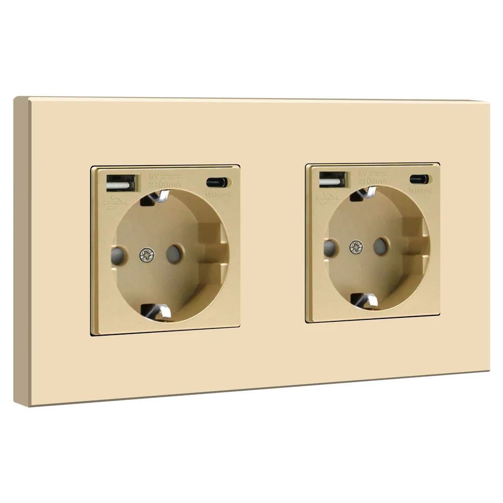 Купить Розетка электрическая 2 поста, с Usb/Type-C АC, рамка 157х86мм пластик, цвет золото в интернет-магазине Mvava.ru