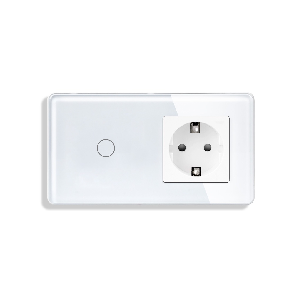 Купить Сенсорный выключатель с розеткой 1кл. 1 розетка, 2 поста (1G+1EU) стекло 2.5D 157х86мм цвет белый в интернет-магазине Mvava.ru