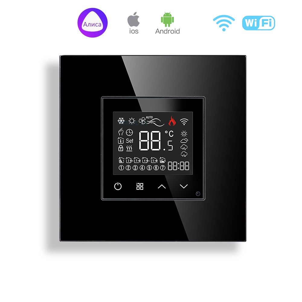 Купить Сенсорный Wi-Fi терморегулятор/термостат, с Алисой, рамка 86х86мм стекло, цвет черный в интернет-магазине Mvava.ru