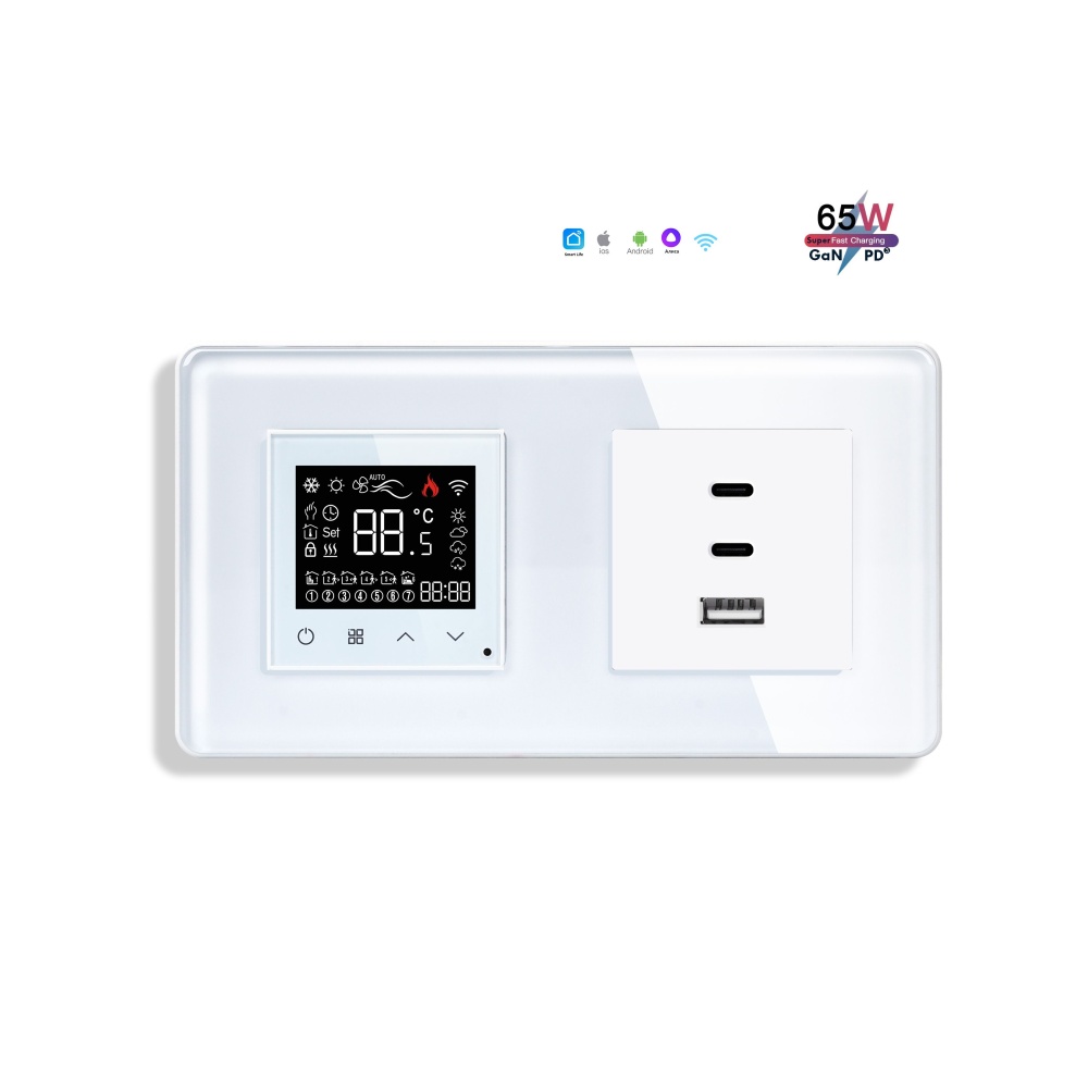 Купить Сенсорный Wi-Fi терморегулятор/термостат, с розеткой С+С+А, рамка 157х86мм стекло 2.5D, цвет белый в интернет-магазине Mvava.ru