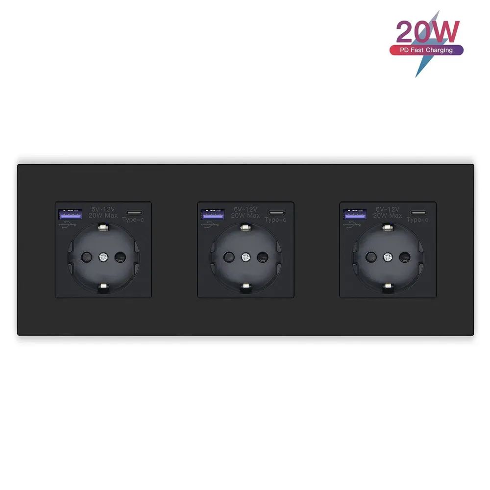 Купить Розетка электрическая 3 поста с Usb/Type-C АC, быстрая зарядка 20W, рамка пластик цвет черный в интернет-магазине Mvava.ru
