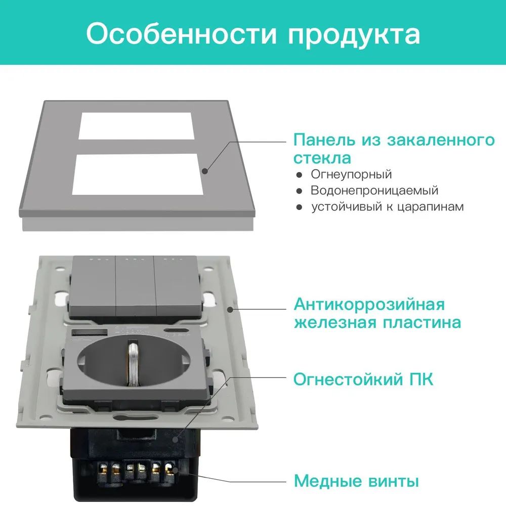 Купить Выключатель с розеткой USB и type-C, 3 клавиши 1 розетка быстрая зарядка 20w, 2 поста (М3+1F) рамка стекло 157х86мм цвет серый в интернет-магазине Mvava.ru