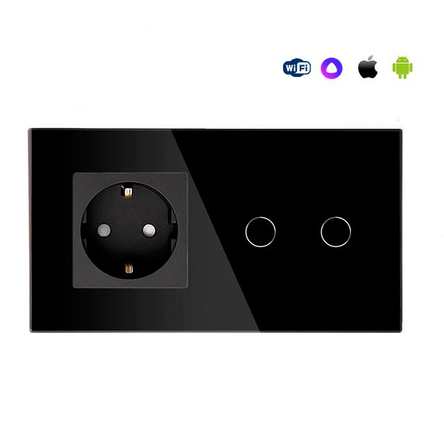 Купить Сенсорный выключатель WiFi 1 розетка 2 клавиши 2 поста (1EU+2G) стекло 157х86мм цвет черный в интернет-магазине Mvava.ru
