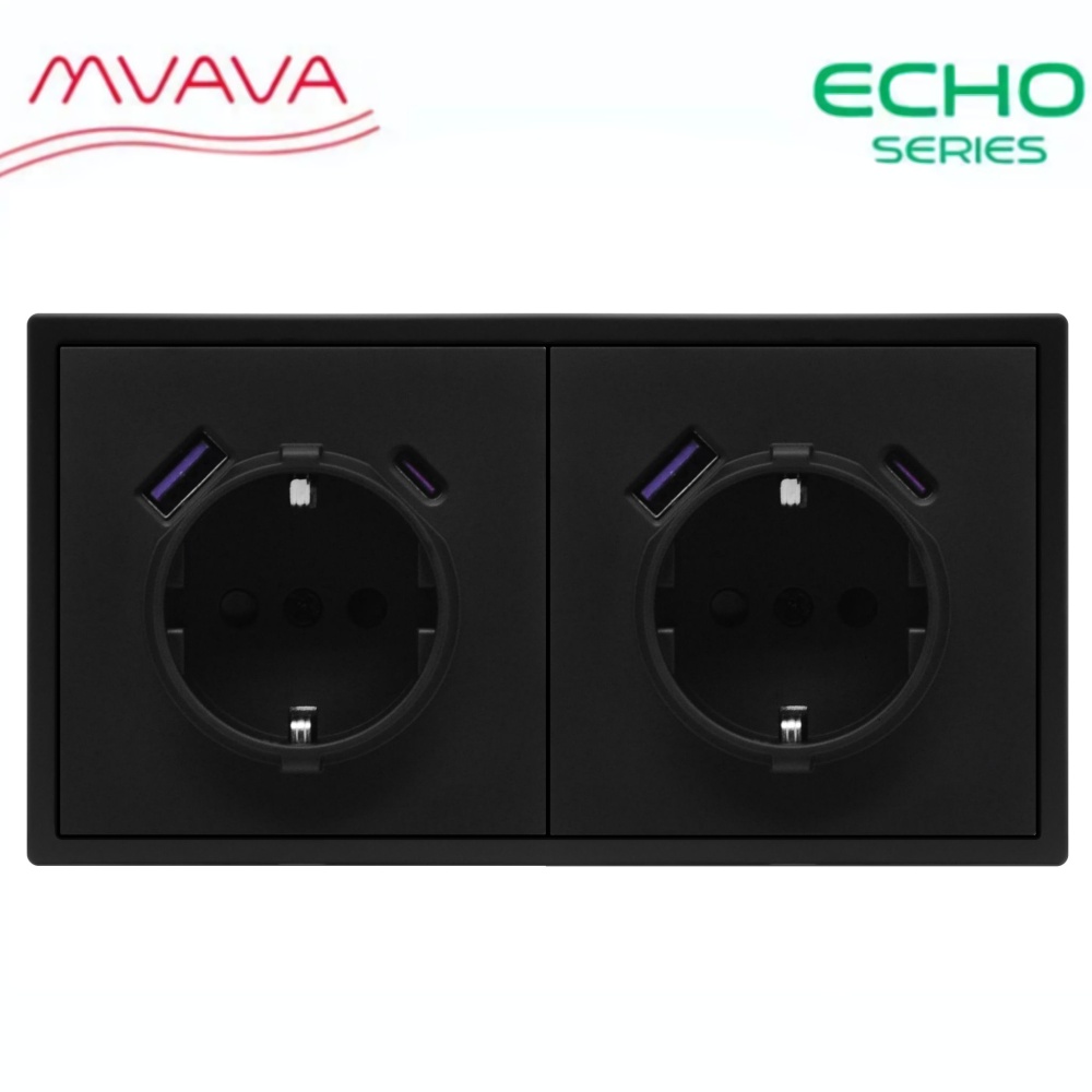Розетка электрическая echo 2 поста с Usb/Type-C АC, быстрая зарядка 20W, цвет черный MVAVA