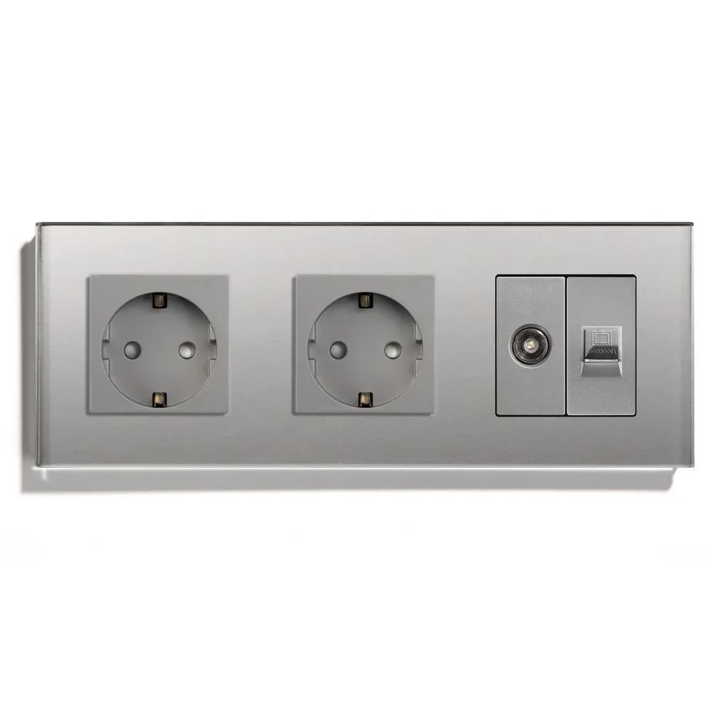Купить Розетка 3 поста с интернет/тв, CAT5e/TV, рамка 228х86мм стекло, цвет серый в интернет-магазине Mvava.ru