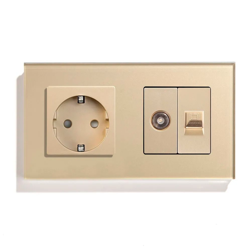 Купить Розетка 2 поста с интернет/тв, CAT5e/TV, рамка 157х86мм стекло, цвет золото в интернет-магазине Mvava.ru