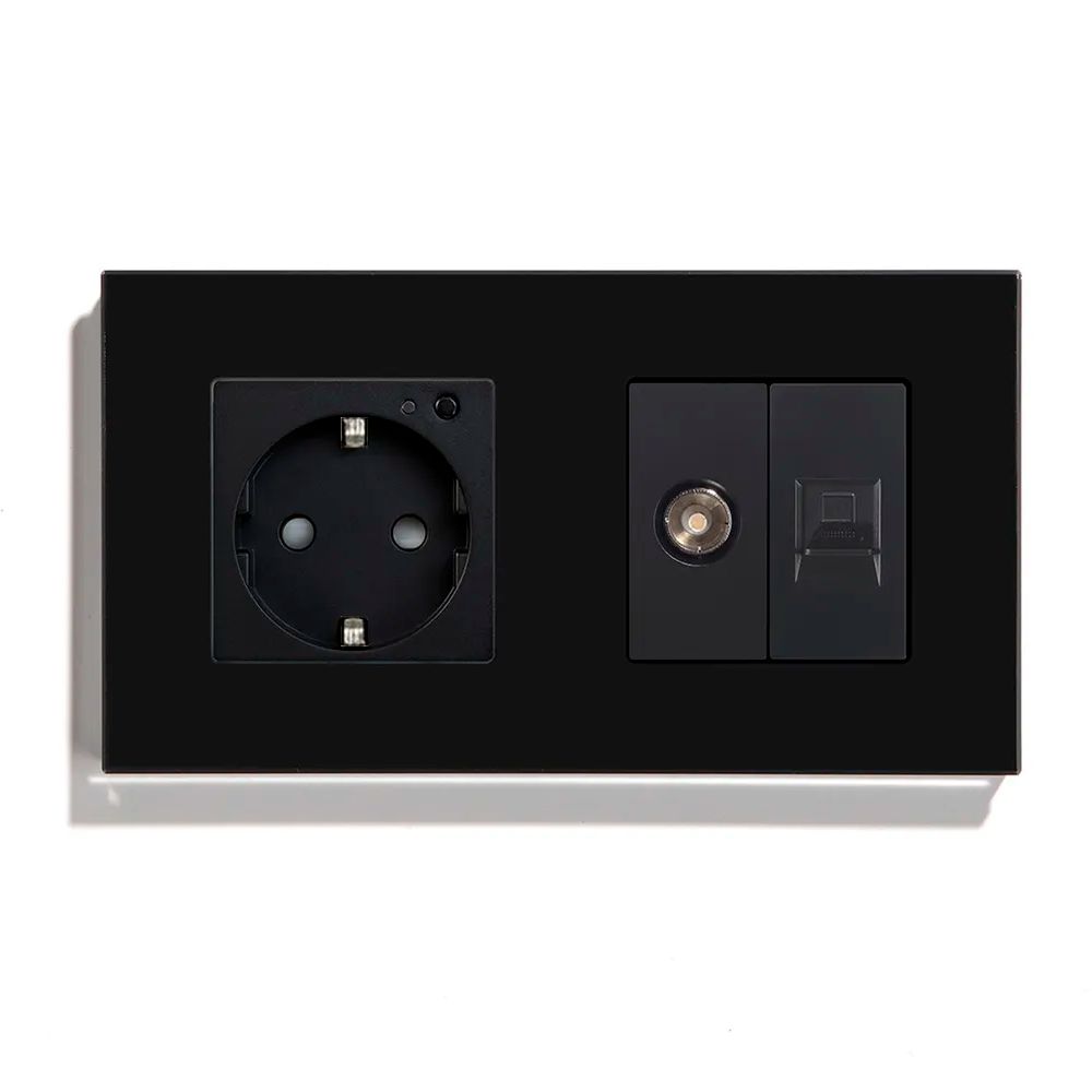 Купить Розетка 2 поста с интернет/тв, CAT5e/TV, рамка 157х86мм стекло, цвет черный в интернет-магазине Mvava.ru