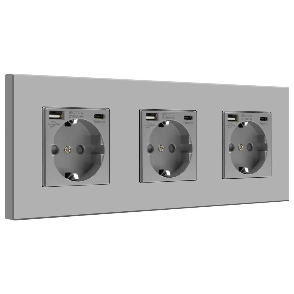 Купить Розетка электрическая 3 поста, с Usb/Type-C АC, рамка 228х86мм пластик, цвет серый в интернет-магазине Mvava.ru