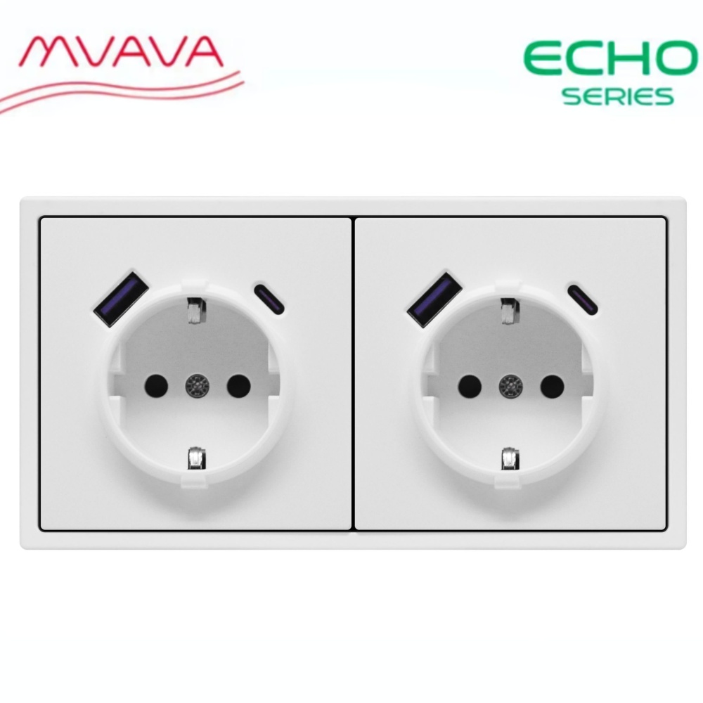 Розетка электрическая echo 2 поста с Usb/Type-C АC, быстрая зарядка 20W, цвет белый MVAVA