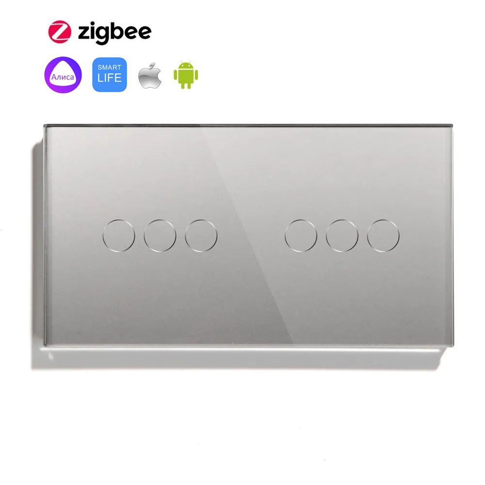 Купить Сенсорный выключатель ZigBee MVAVA 6 кл. 2 поста (3G+3G) стекло 157х86мм цвет серый в интернет-магазине Mvava.ru