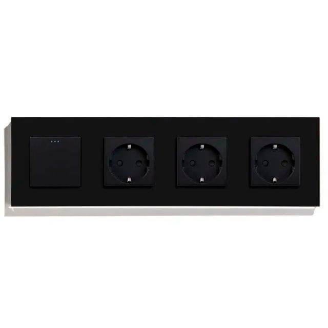 Купить Выключатель с розеткой, 1 клавиша 3 розетки, 4 поста (M1+3F) рамка стекло 299х86мм цвет черный в интернет-магазине Mvava.ru