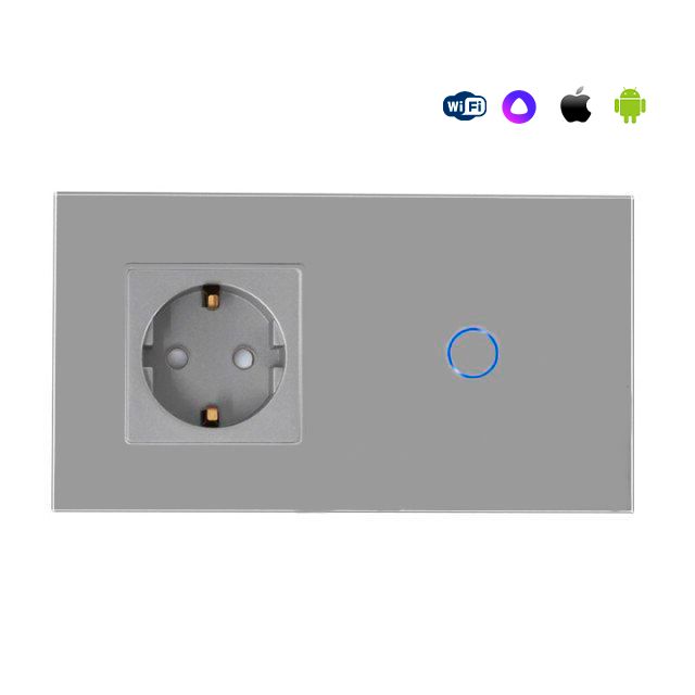 Купить Сенсорный выключатель WiFi 1 розетка 1 клавиша 2 поста (1EU+1G) стекло 157х86мм цвет серый в интернет-магазине Mvava.ru