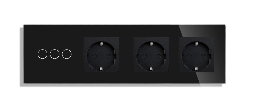 Купить Сенсорный выключатель с розеткой 3кл. 3 розетки, 4 поста (3G+3EU) стекло299х86мм цвет черный в интернет-магазине Mvava.ru