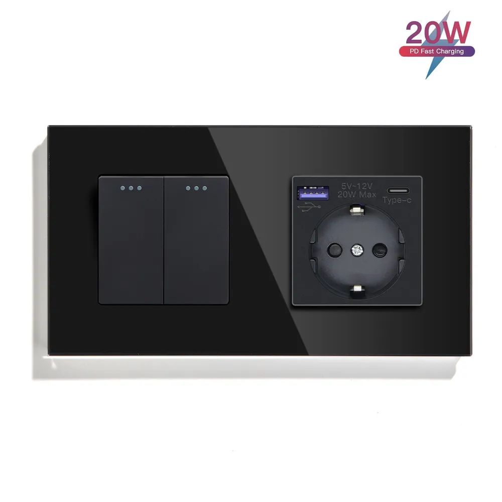 Купить Выключатель с розеткой USB и type-C, 2 клавиши 1 розетка быстрая зарядка 20w, 2 поста (М2+1F) рамка  в интернет-магазине Mvava.ru