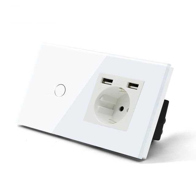 Купить Сенсорный выключатель с розеткой 1кл. 1 розетка, 2 поста (1G+1AA) стекло 157х86мм цвет белый в интернет-магазине Mvava.ru