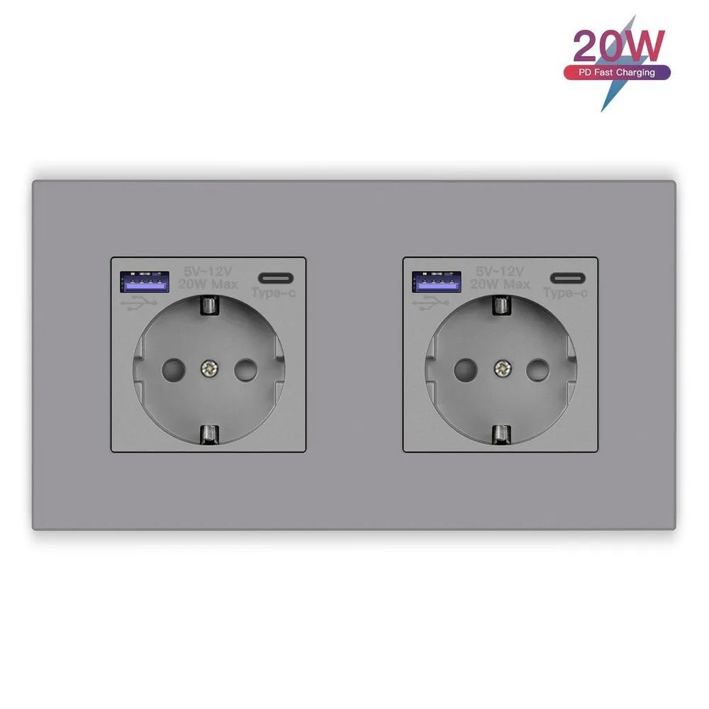 Купить Розетка электрическая 2 поста с Usb/Type-C АC, быстрая зарядка 20W, рамка пластик, цвет серый в интернет-магазине Mvava.ru