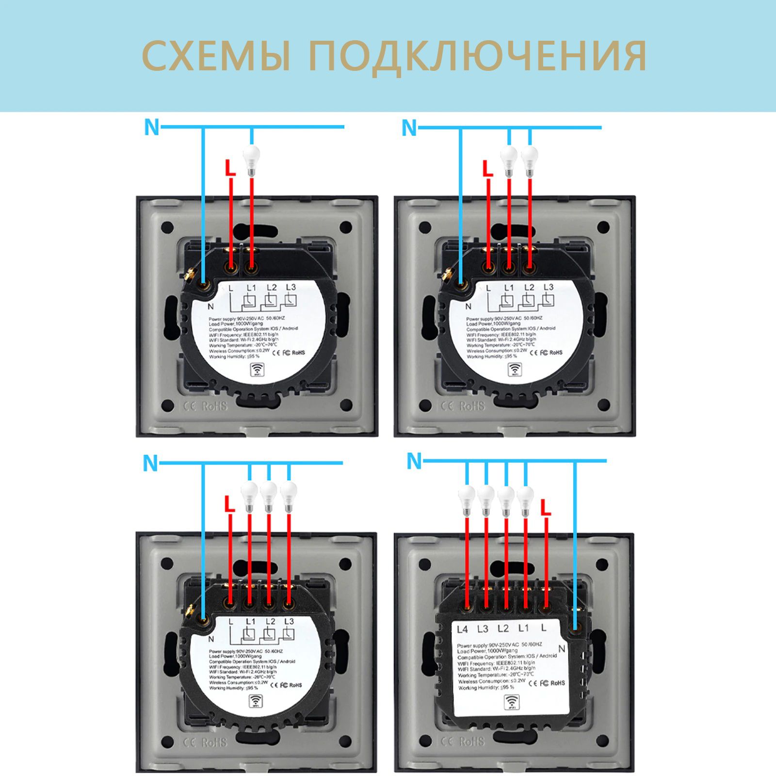Купить Сенсорный выключатель WiFi 2 клавиши 2 розетки 3 поста (2G+AC/EU) стекло 228х86мм цвет черный в интернет-магазине Mvava.ru