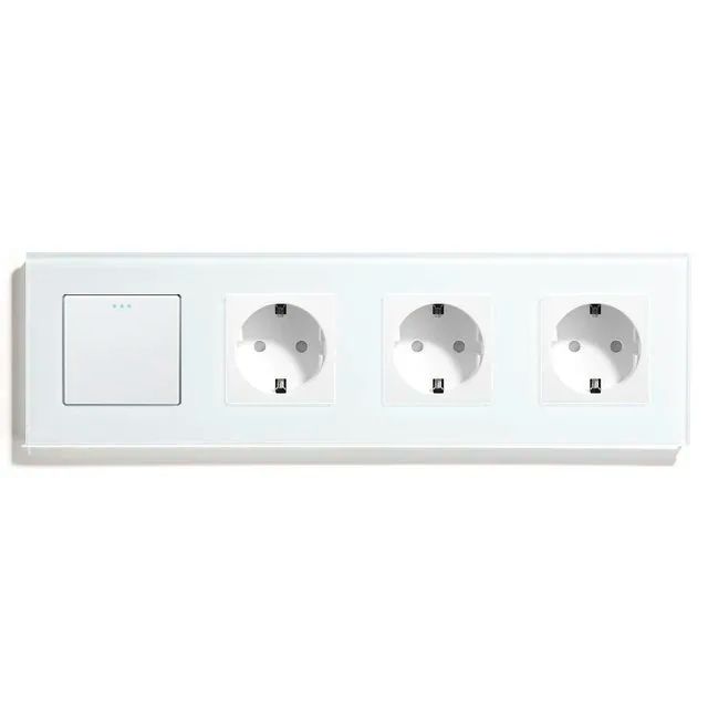 Купить Выключатель с розеткой, 1 клавиша 3 розетки, 4 поста (M1+3F) рамка стекло 299х86мм цвет белый в интернет-магазине Mvava.ru