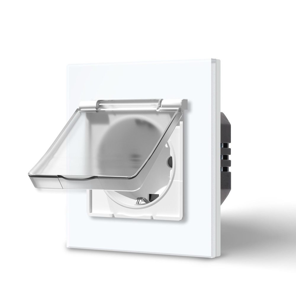 Купить Розетка влагозащищенная с крышкой, 1 пост, рамка 86х86мм стекло, цвет белый в интернет-магазине Mvava.ru