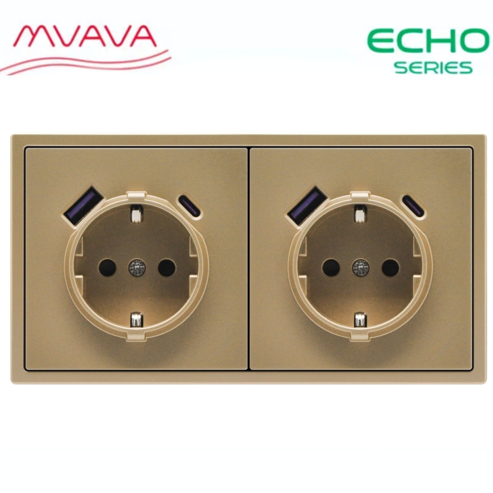 Розетка электрическая echo 2 поста с Usb/Type-C АC, быстрая зарядка 20W, цвет золотой MVAVA