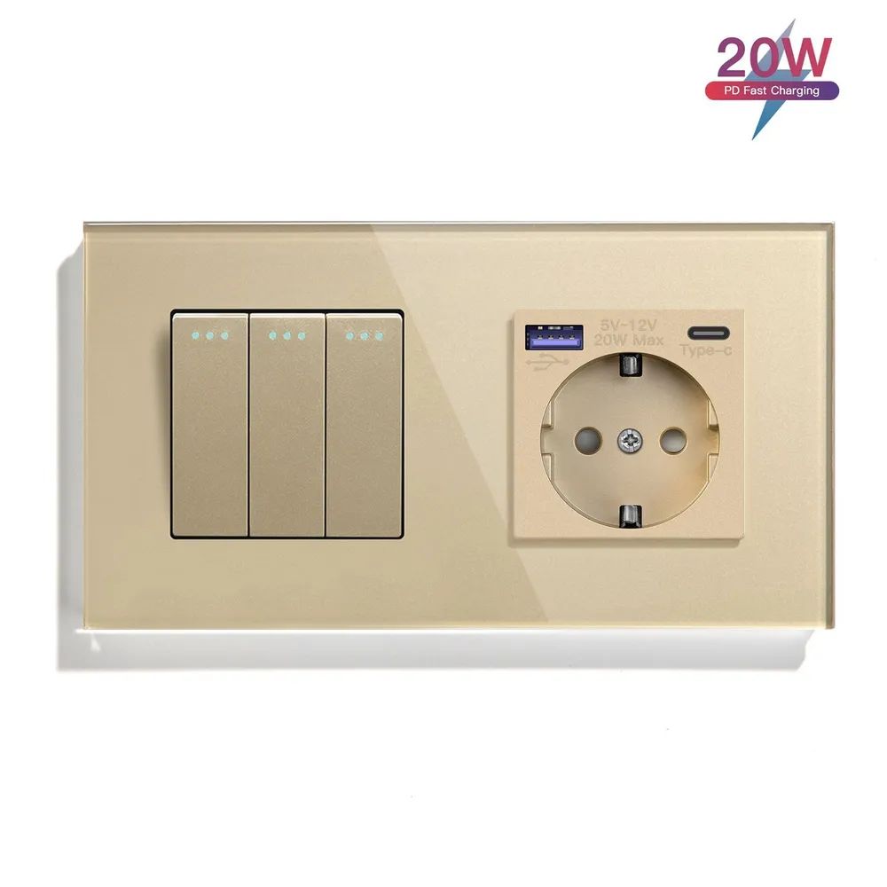 Купить Выключатель с розеткой USB и type-C, 3 клавиши 1 розетка быстрая зарядка 20w, 2 поста (М3+1F) рамка  в интернет-магазине Mvava.ru