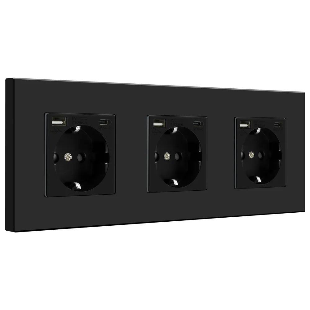 Купить Розетка электрическая 3 поста, с Usb/Type-C АC, рамка 228х86мм пластик, цвет черный в интернет-магазине Mvava.ru