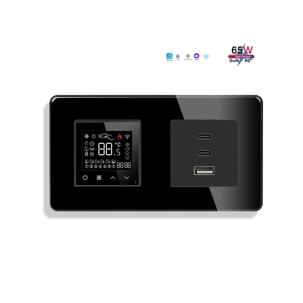 Купить Сенсорный Wi-Fi терморегулятор/термостат, с розеткой С+С+А, рамка 157х86мм стекло 2.5D, цвет черный в интернет-магазине Mvava.ru