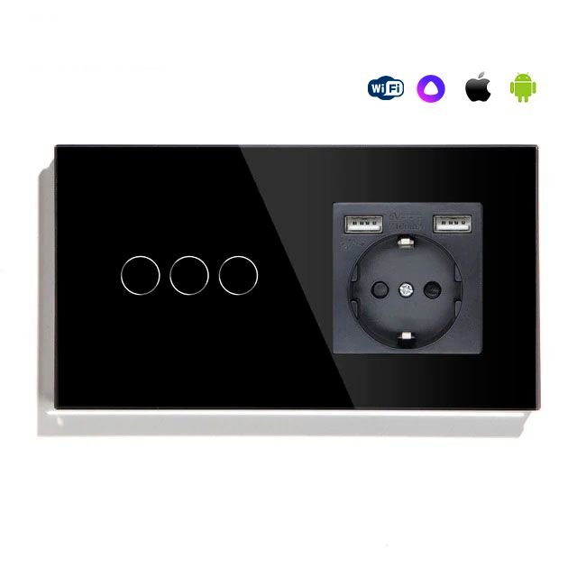 Купить Сенсорный выключатель WiFi с нулем 3кл. 1розетка 2поста (3G+1AA) стекло 157х86мм цвет черный в интернет-магазине Mvava.ru