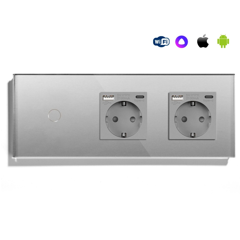Купить Сенсорный выключатель WiFi с нулем 1кл. 2розетки 3поста (1G+2AC) стекло 228х86мм цвет серый в интернет-магазине Mvava.ru