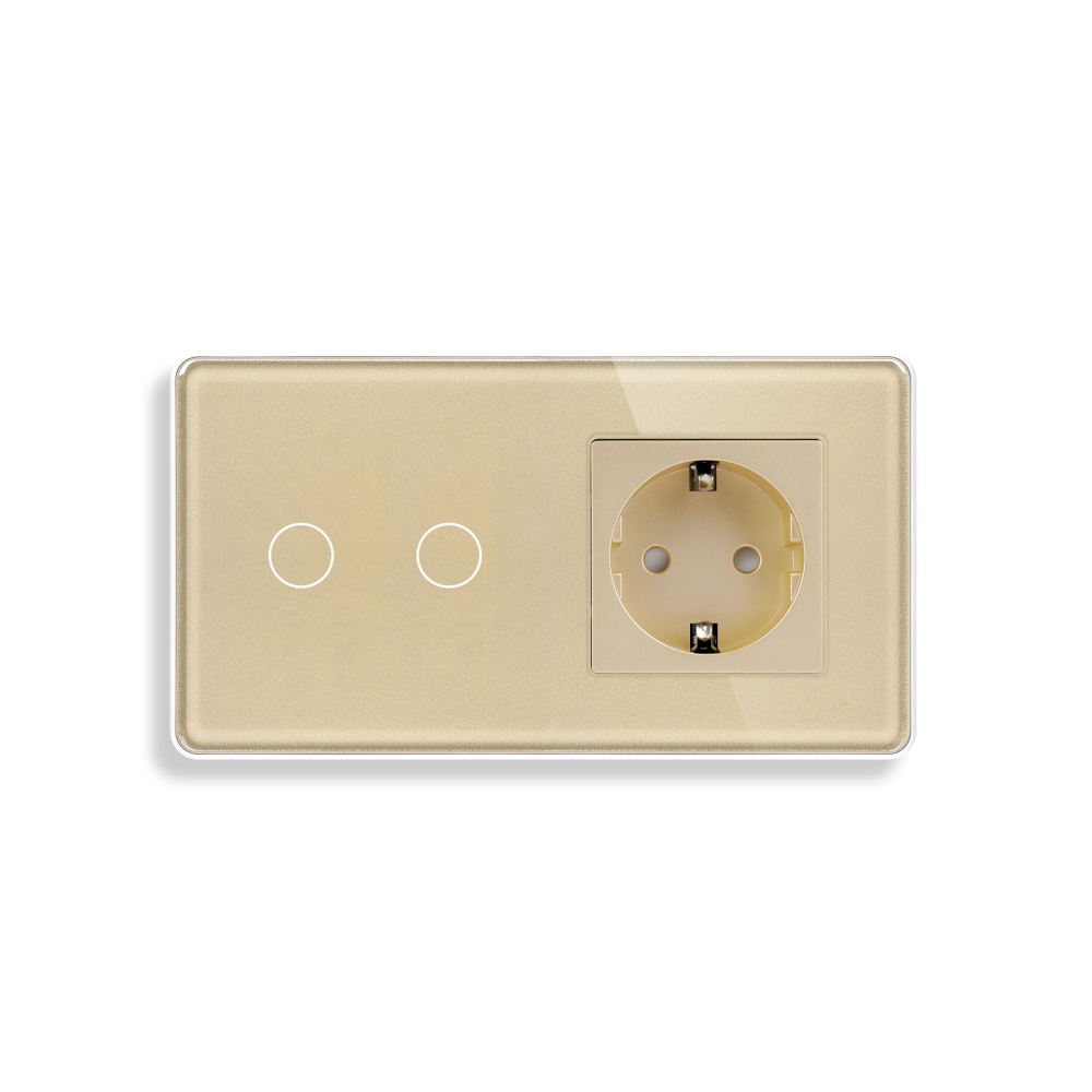 Купить Сенсорный выключатель с розеткой 2кл. 1 розетка, 2 поста (2G+1EU) стекло 2.5D 157х86мм цвет золотой в интернет-магазине Mvava.ru