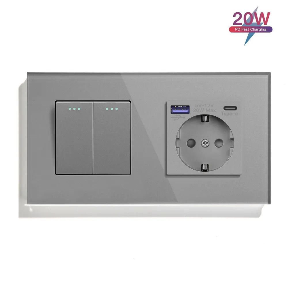 Купить Выключатель с розеткой USB и type-C, 2 клавиши 1 розетка быстрая зарядка 20w, 2 поста (М2+1F) рамка  в интернет-магазине Mvava.ru