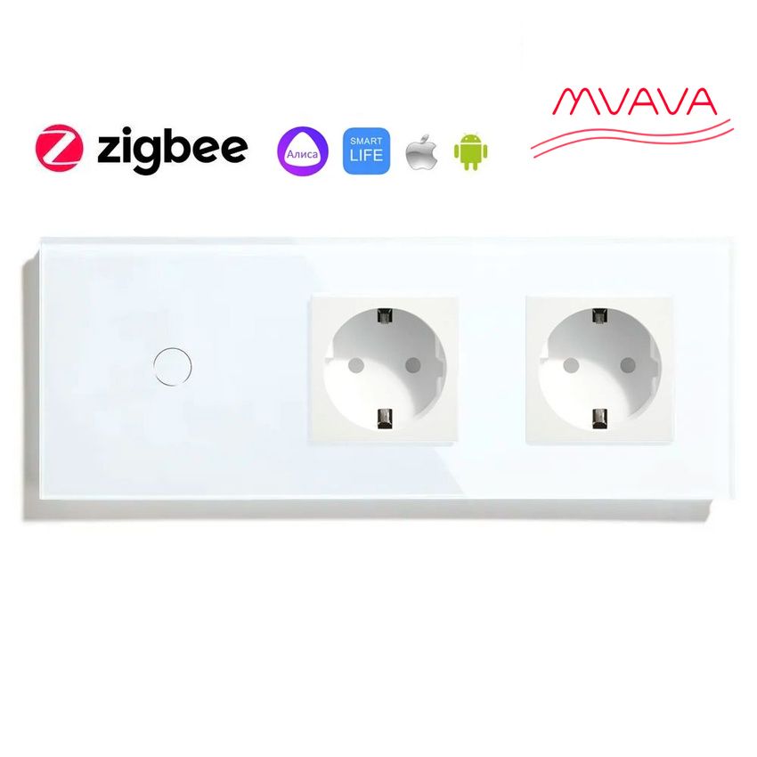 Купить Сенсорный выключатель ZigBee MVAVA 1кл. 2 розетки, 3 поста (1G+2EU) стекло 228х86мм цвет белый в интернет-магазине Mvava.ru