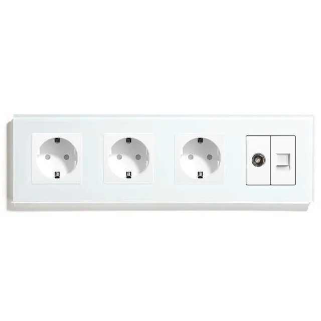 Купить Розетка 4 поста с интернет/тв, CAT5e/TV, рамка 299х86мм стекло, цвет белый в интернет-магазине Mvava.ru